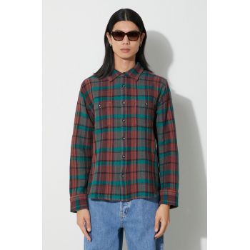 Corridor cămașă din bumbac Ruby Waffle Madras LS bărbați, culoarea verde, cu guler clasic, regular, LS0127 de firma originala