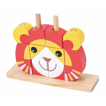 Puzzle 3D din cuburi colorate, pe tije, Leul rosu cu galben