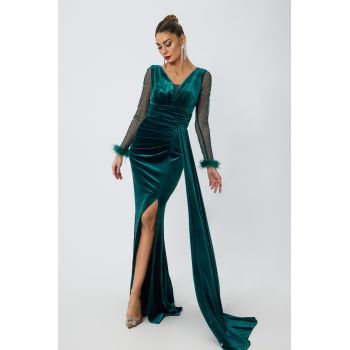 Rochie de ocazie din catifea tip sirena cu strass-uri si pene Trinidad Turcoaz