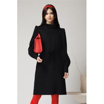 Rochie DY Fashion smart-casual din jerse neagra cu snur in talie ieftina la reducere