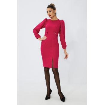 Rochie office midi din crepe cu maneci lungi Moze Ollma Ciclam