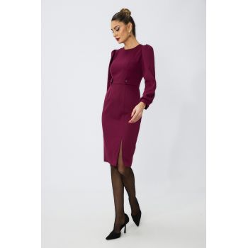 Rochie office midi din crepe cu maneci lungi Moze Ollma Grena