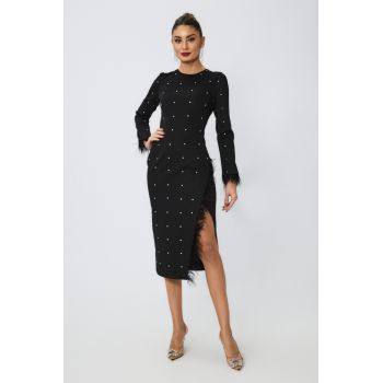 Rochie de ocazie din crepe cu strass-uri si pene Connie Neagra
