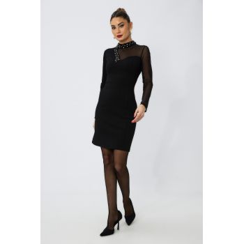 Rochie de ocazie din licra cu strass-uri si tull Maxine Neagra