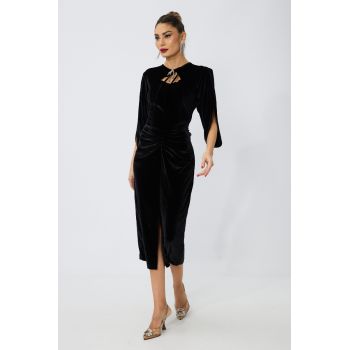 Rochie de ocazie din catifea cu fundita din strass-uri si maneci despicate Medana Neagra