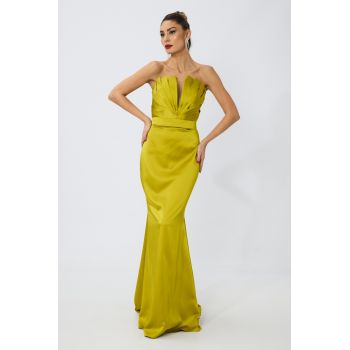 Rochie de ocazie premium din satin cu pliuri la bust Famma Fistic ieftina