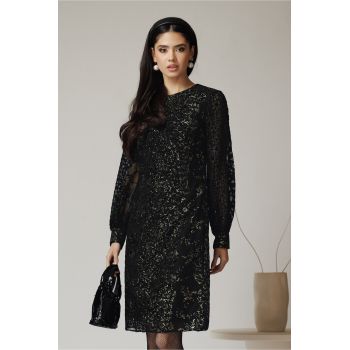 Rochie DY Fashion eleganta din tull neagra cu insertii din catifea si fir lurex auriu ieftina