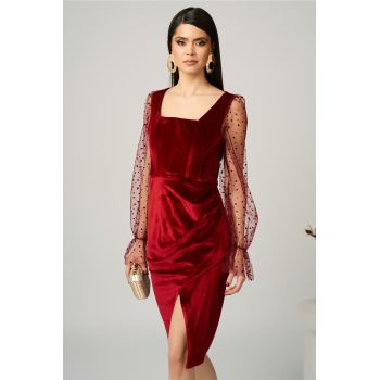 Rochie eleganta din catifea bordo cu maneci din tull cu buline