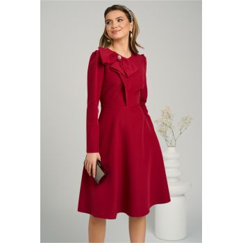 Rochie office din stofa bordo cu funda maxi la bust ieftina