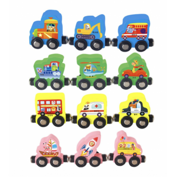 Tren din lemn cu vagoane magnetice Traffic Digital Car, multicolor