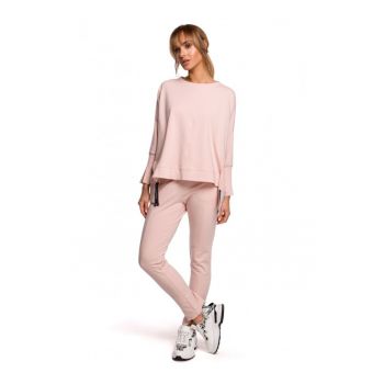 Bluza dama cu despicaturi laterale -  Bumbac/Elastan - Roz pudrat