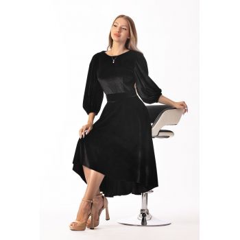 Rochie catifelata asimetrica cu maneci bufante