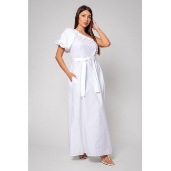 Rochie de bumbac cu decolteu pe un umar si buzunare