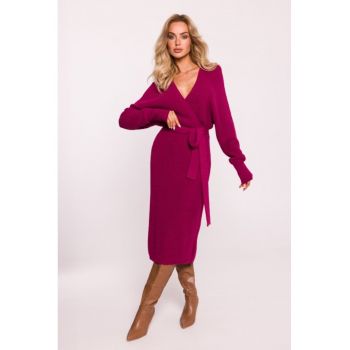 Rochie tricotata cu decolteu tip furou si curea -  Roz -