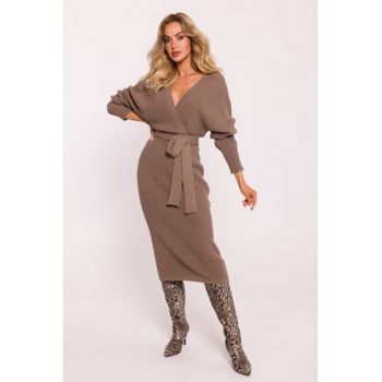 Rochie tricotata cu decolteu tip furou si curea -  Bej inchis -