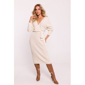 Rochie tricotata cu decolteu tip furou si curea -  Ivoire -