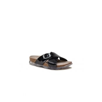 Papuci flip-flop fete -  Piele ecologica - Negru
