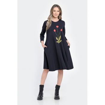 Rochie Medie Dama - Ampla - Bleumarin cu pictura realizata manual V304