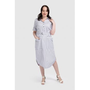 Rochie cu model in dungi si buzunare aplicate