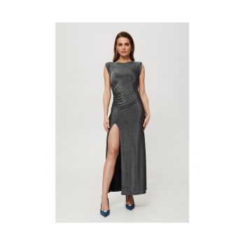 Rochie maxi metalica cu crapatura pe picior -