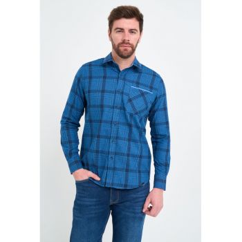 Camasa din bumbac cu model in carouri si maneci lungi ieftina