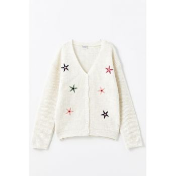 Cardigan cu broderie si decolteu in V