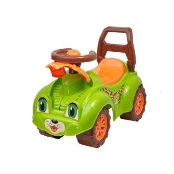 Masinuta fara pedale ride-on cu claxon tigru verde TechnoK, potrivita pentru copii intre 1-3 ani, spatiu de depozitare sub scaun, greutate maxima suportata 20 kg