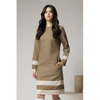 Rochie DY Fashion office din stofa kaki cu benzi bej ieftina la reducere