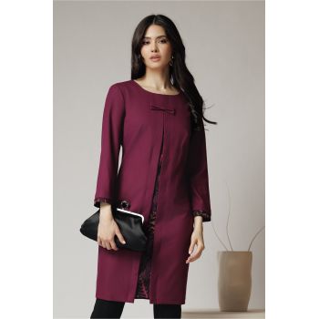 Rochie office din stofa mov cu funda la bust si imprimeu Rochie office din stofa mov cu funda la bust si imprimeu