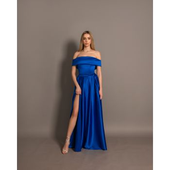 Rochie lunga Lia Albastru tafta elastica fermoar ascuns pe bust