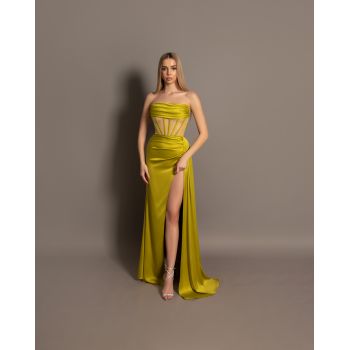 Rochie lunga Serenity Lime bust fermoar ascuns tafta elastica