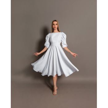 Rochie midi Elegance Alb stofa maneci bufante