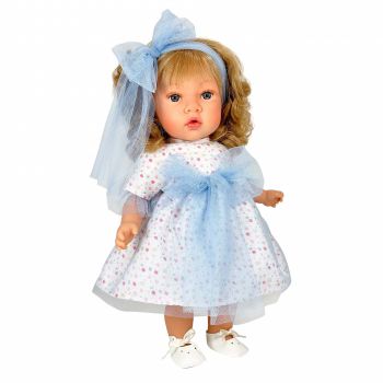 Papusa Nines D Onil, Susette Tul, cu parul blond, cu sunete, cu funda albastra, cu miros de vanilie, 45 cm