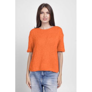 Pulover pufos cu maneca scurta, cu mohair si lana, portocaliu ieftin