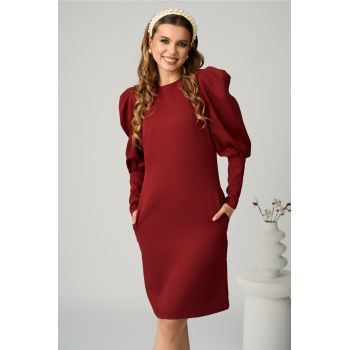 Rochie DY Fashion office din stofa bordo cu nasturi pe maneci ieftina