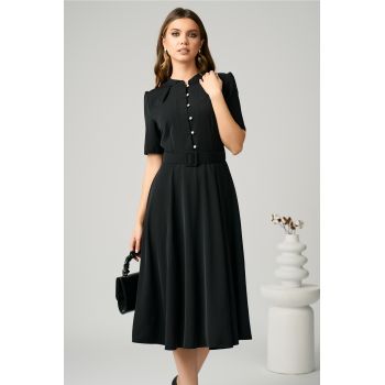 Rochie DY Fashion office din triplu voal neagra cu nasturi la bust si curea in talie ieftina la reducere