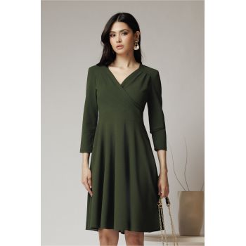 Rochie office din crep kaki cu bust petrecut ieftina la reducere