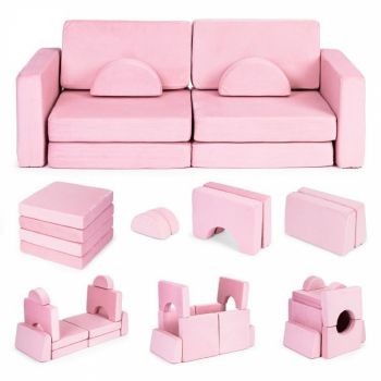 Canapea extensibila modulara pentru copii cu 2 locuri formata din 10 piese Ecotoys roz