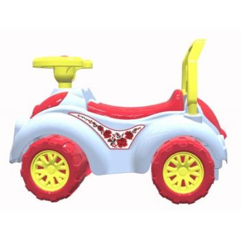 Masinuta copii fara pedale ride-on TechnoK cu claxon floricele, potrivita pentru copii intre 1-3 ani, greutate maxim suportata 20 kg, volan cu claxon, spatiu de depozitare sub scaun