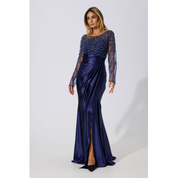 Rochie de ocazie din satin accesorizata cu strass-uri Femme Bleumarin