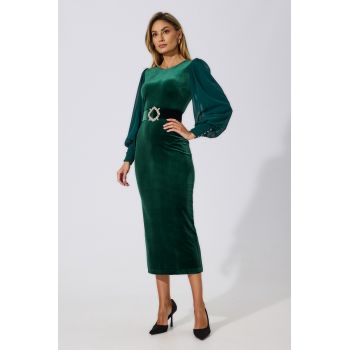 Rochie de ocazie din catifea cu maneci din voal Rayna Verde
