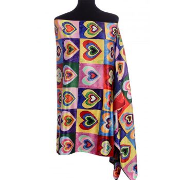 Esarfa dreptunghiulara cu doua fete, din matase, cu inimi multicolore dupa Kandinski