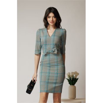 Rochie DY Fashion office din stofa gri cu carouri turcoaz si funda in talie ieftina
