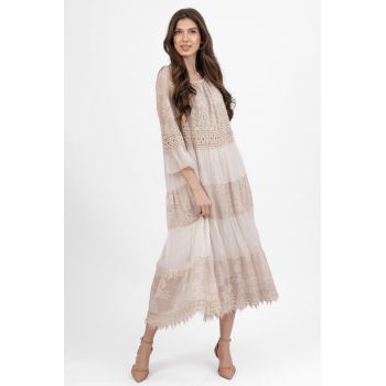 Rochie boho bej, lunga cu volane, din matase naturala cu dantela