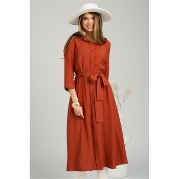 Rochie de zi tip camasa din viscoza caramizie cu cordon in talie ieftina