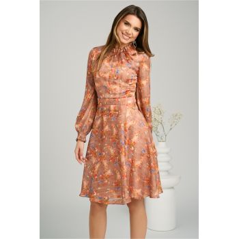 Rochie DY Fashion vaporoasa din voal caramizie cu imprimeuri florale ieftina