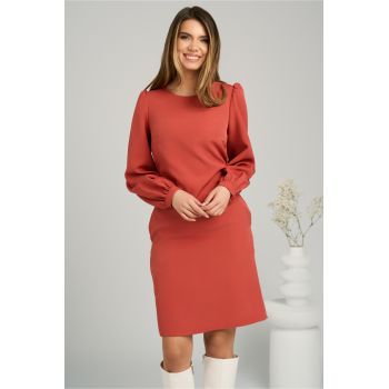 Rochie DY Fashion eleganta din stofa caramizie cu funda la spate ieftina