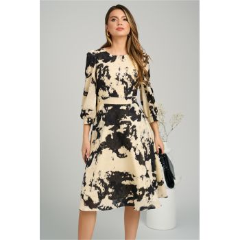 Rochie Ella Collection Dasha de zi din voal ivory cu imprimeuri negre ieftina la reducere