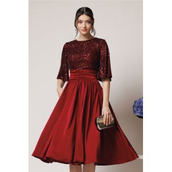 Rochie DY Fashion eleganta din satin bordo cu paiete la bust ieftina