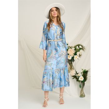 Rochie lunga de zi din satin bleu cu imprimeuri si cordon in talie
